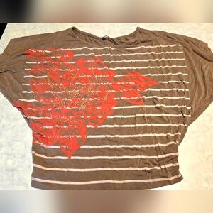 Flowy Cache Blouse Brown And White Stripes With Coral Flower Ladies S